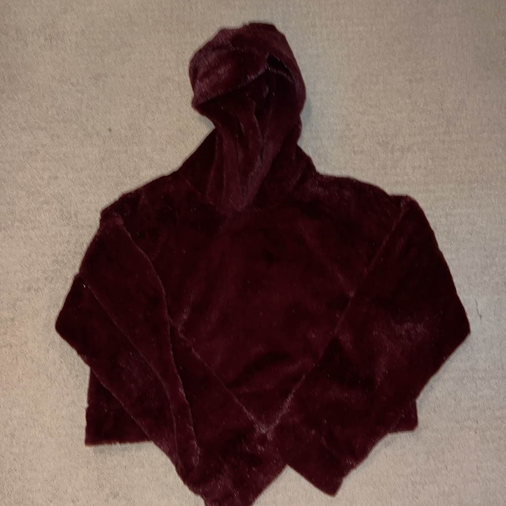 Red Burgundy Fuzzy Cropped Hoodie Sweater